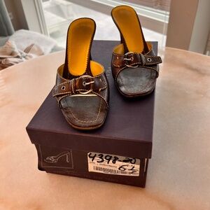 Prada Brown Leather Buckle Mule Sandals Heels Size 36.5 / 6.5 US w/ Box